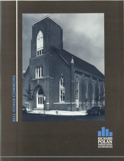A monochromatic image of an architectural rendering or photograph of a building labeled "bell tower commons" on the binding of a portfolio with the name "richard posilans incorporated.